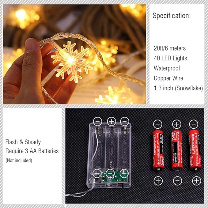 WesGen Christmas Lights，Snowflake String Lights Battery Operated Waterproof 20ft, 40 LED Fairy Lights for Xmas Garden Patio Bedroom Party Decor Christmas Decorations,Warm White