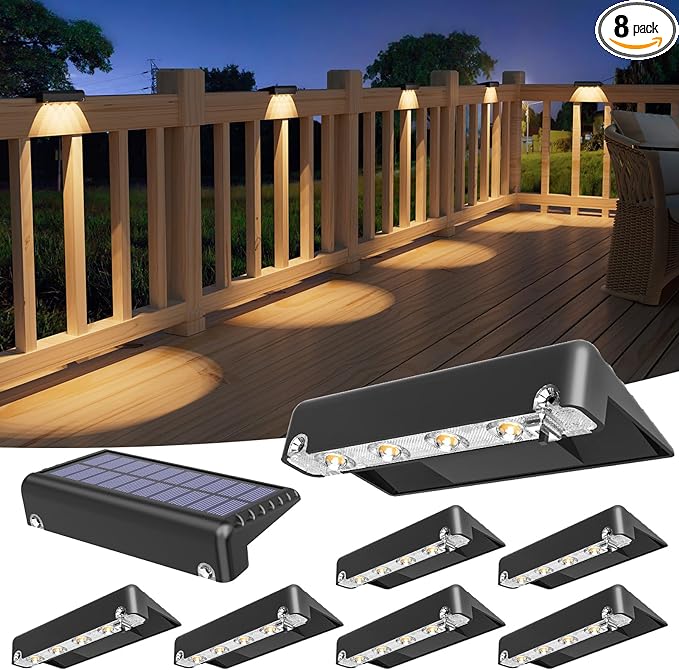 VOLISUN Solar Deck Lights 8 Pack, Warm White Glow LED Large Size Lamp, IP65 Waterproof Step Lights Outdoor for Deck, Step, Fence, Railing, Wall and Stairs (Black)