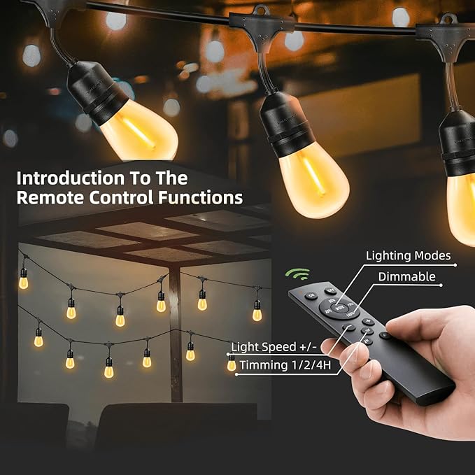 150FT String Lights for Outside Remote Controlled Waterproof with 48pcs Replaceable S14 Warm Bulbs for Patio | Lumora