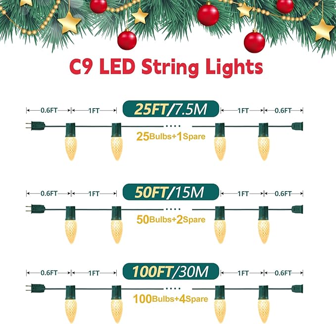 25FT C9 Christmas String Lights Outdoor, 25+1 LED Strawberry Christmas Lights on Connectable Green Wire, 2700K Warm | Lumora