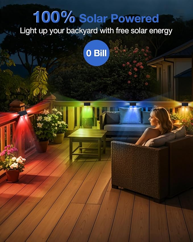 Color Changing Solar Fence Lights Outdoor Decorative LED Waterproof for Wall, Deck, Patio, Rail, Stair, Yard, Pool with 8 Colorful Modes and Easy 1-Minute Installation 4 Pack