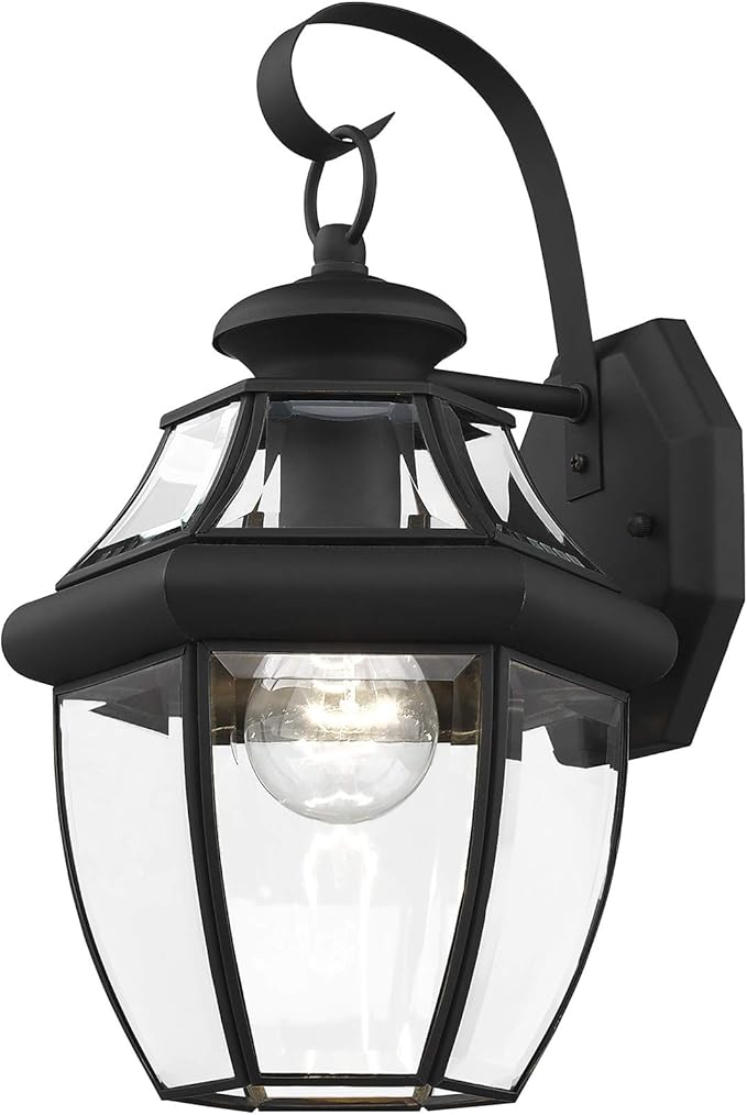 Livex Lighting 2151-04 Monterey 1 Light Outdoor Black Finish Solid Brass Wall Lantern with Clear Beveled Glass, 13" | Lumora