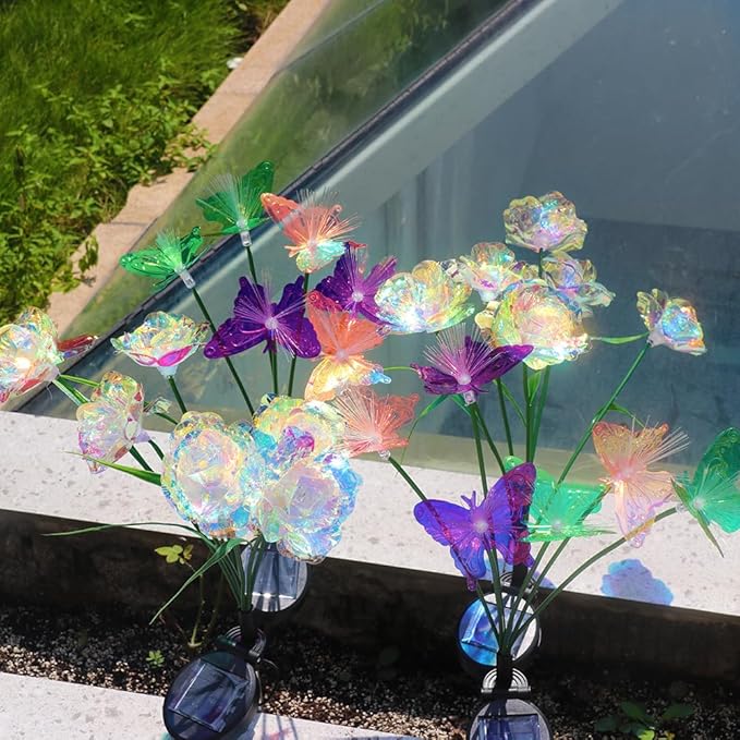 GUOCHENG Rose&Butterfly Solar Garden Lights, 7-Color Changing Outdoor Decorations Flower and Butterfly Lights, Garden Decor for Outside, Yard, Patio, Pathway, Galaxy Rose Butterfly Lights(4 Pack)