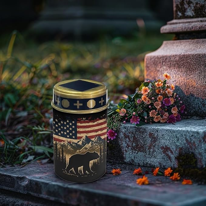 Independence Day Solar Memorial Lights for Graves Solar Powered Outdoor Cemetery Lights for Grave 2 Pack Cemetery Decorations for Grave for Remembrance Gifts American Flag Bear