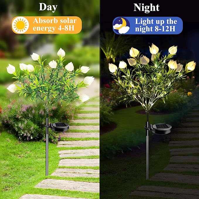 Solar Garden Lights, 7 Heads Gardenia Colorful Flower Light Waterproof Solar Outdoor Lights for Yard Pathway Decor, Two Lightning Modes, 2 Pack White
