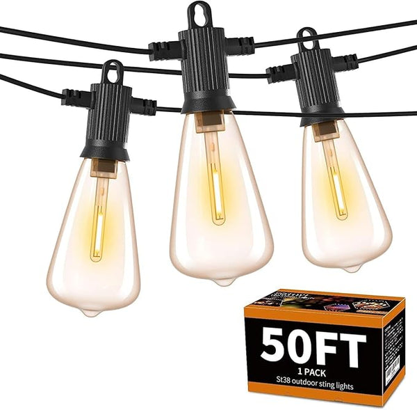 ZOTOYI Outdoor String Lights 50FT, Patio Lights with 27 LED Plastic ST38 Edison Bulbs(2 Spare), Waterproof IP65 | Lumora