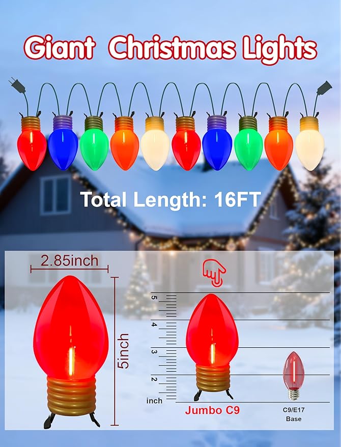 Giant Outdoor Christmas Lights,16ft Jumbo Christmas Lights String Lights with 10 Large Multicolored Bulbs,Connectable Outdoor Decorations Lights for Porch Garden Eave Xmas Trees Roof Decor