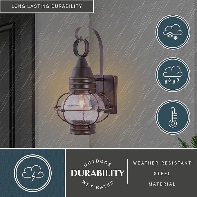 VAXCEL Chatham 13.5 in. H 1-Light Burnished Bronze Coastal Outdoor Wall Sconce Made of Durable Steel, Clear Seeded | Lumora