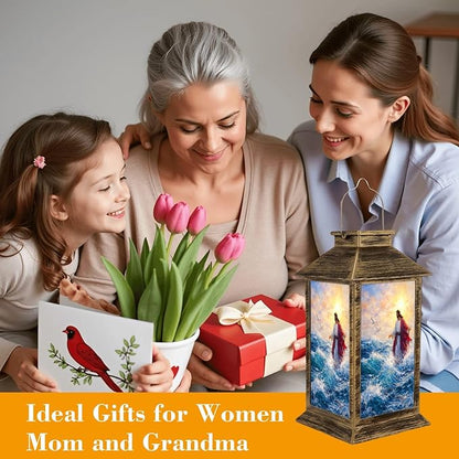 Solar Lantern Outdoor Waterproof Jesus Walks Water Christian Stories Walking Biblical Figure Waves Garden Decor LED Solar Lights Hanging/Tabletop Lamp Gifts for Women Mom for Outside Yard Patio