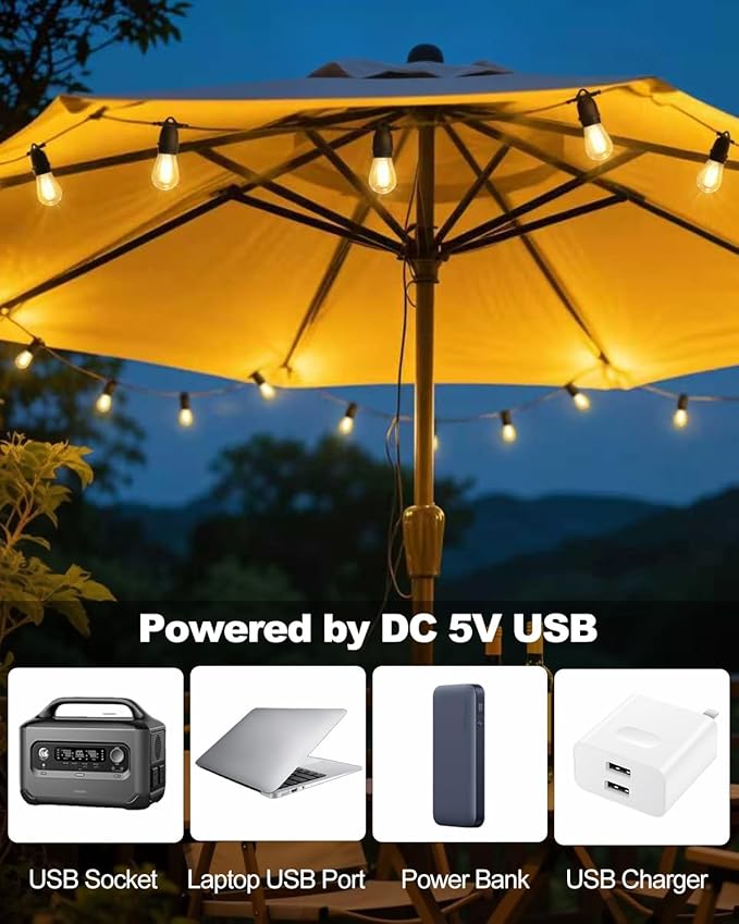 BRIMAX 24.6Ft USB Powered String Lights,10 LED Bulbs Waterproof & Shatterproof Outdoor Camping String Lights Dimmable Brightness with Swith for Tents,Patio,Backyard,Garden and Holidays,Warm White