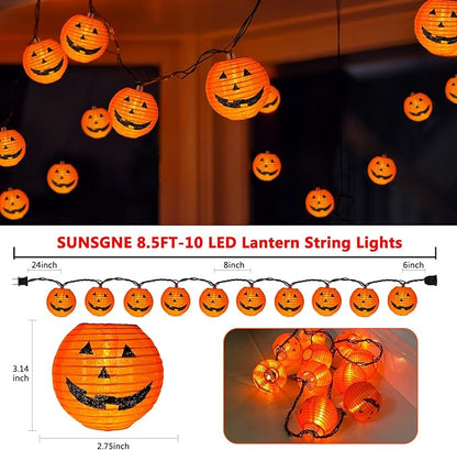 SUNSGNE Halloween Pumpkin Lantern String Lights 8.5Ft Halloween String Lights with 10 Smiling Jack O Lantern Pumpkin for Party Holiday Decor