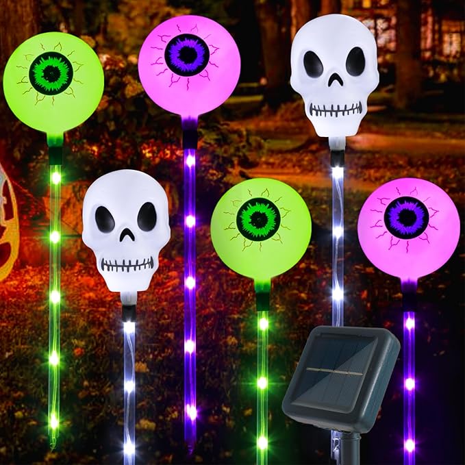 Halloween Decorations Outdoor Solar Garden Lights,6 Pack Scary Eyeball Skull Outside Decor,8 Modes Solar Halloween Lights for House Grave Patio Yard Lawn Pathway Halloween Party Ghost Decor