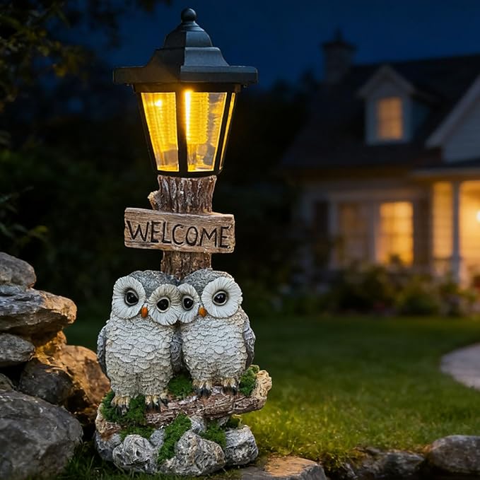 Outdoor Garden Owl Statue with Solar Lights, Owl Figure with Welcoming Sign,for Outdoor Landscapes, Courtyards | Lumora