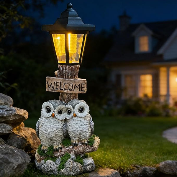 Outdoor Garden Owl Statue with Solar Lights, Owl Figure with Welcoming Sign,for Outdoor Landscapes, Courtyards | Lumora