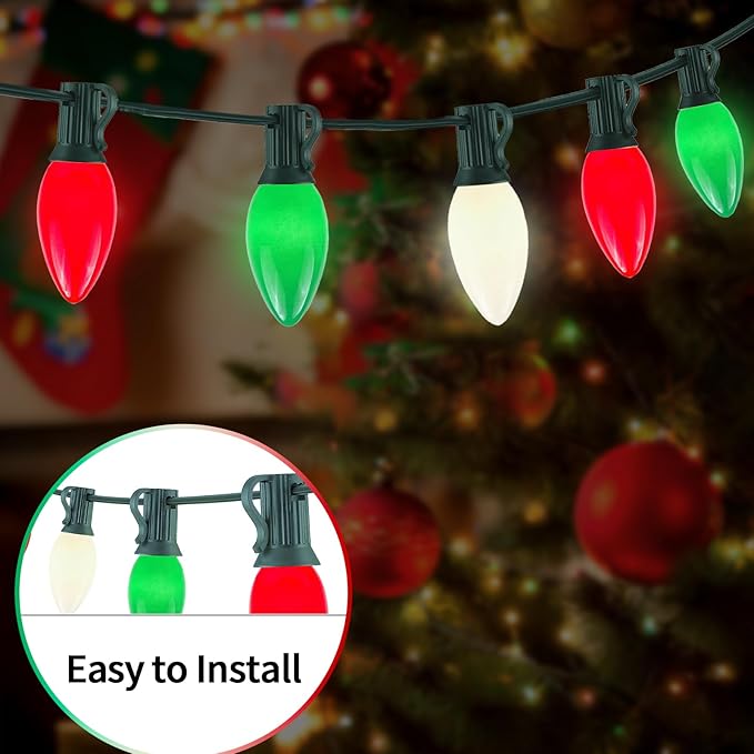25Ft C9 LED Christmas Lights Outdoor Indoor, Multicolor Red Green White Vintage String Lights, Connectable Holiday | Lumora