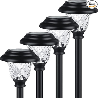 Glass Solar Lights Outdoor waterproof, 4 Pack Super Bright Solar Pathway Lights, Up to 12 Hrs Long Last Auto On/Off Garden Lights Solar Powered, Stainless Steel LED Light For Yard Landscape Cool White