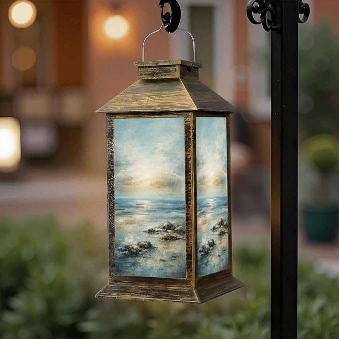 Solar Lantern Outdoor Waterproof Abstract Light Blue Coastal Theme Modern Ocean Skyline Sunset Sunrise Garden Decor LED Solar Lights Hanging/Tabletop Lamp Gifts for Women Mom for Outside Yard Patio