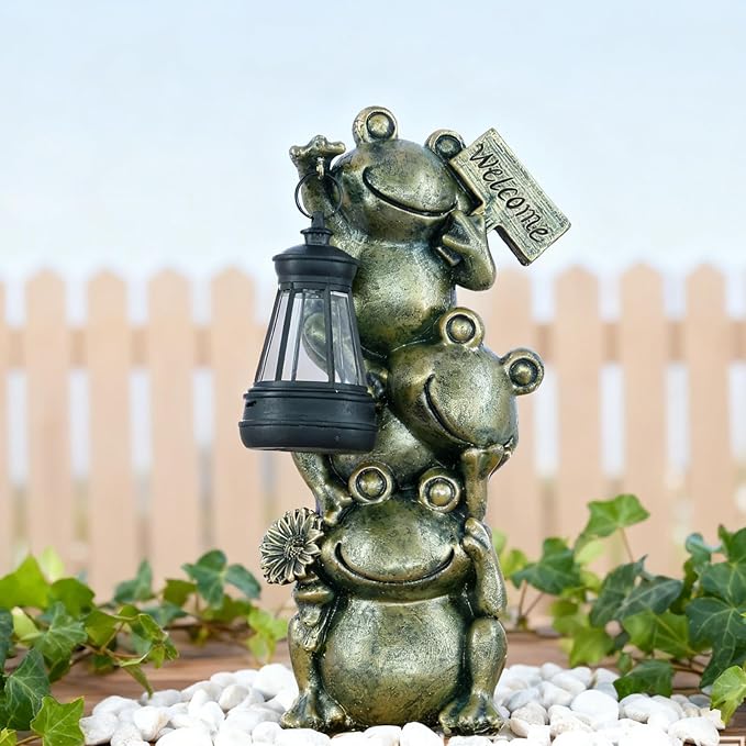 Solar Powered Frog Garden Decor with Lantern, 11.6 Inch Cute Outdoor Frog Statue LED Light – Automatic Solar Light | Lumora