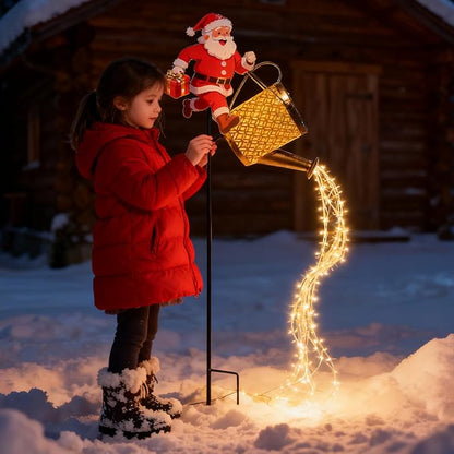 Christmas Santa Solar Kettle Lights, Waterproof Solar Watering Can with Cascading Lights, Garden Lawn Decorative Light, Hanging Metal Solars Santas Watering Can Led Light for Yard Pathway