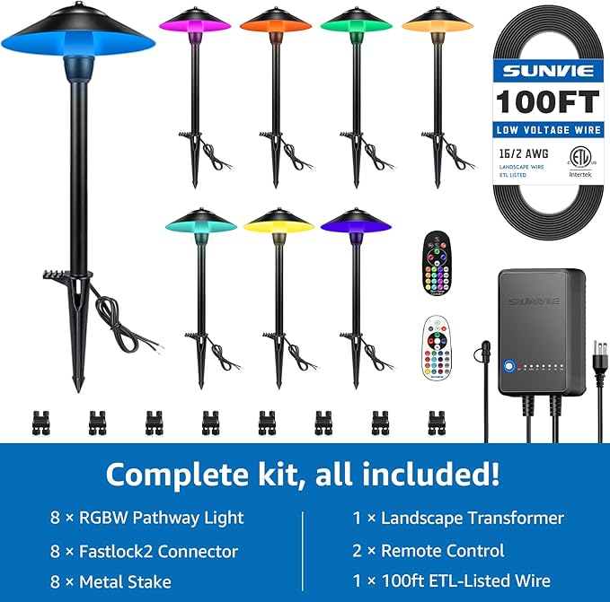 SUNVIE All-in-One RGBW Landscape Lighting Kit, 8 Pack Color Changing Low Voltage Landscape Lights with Connector | Lumora