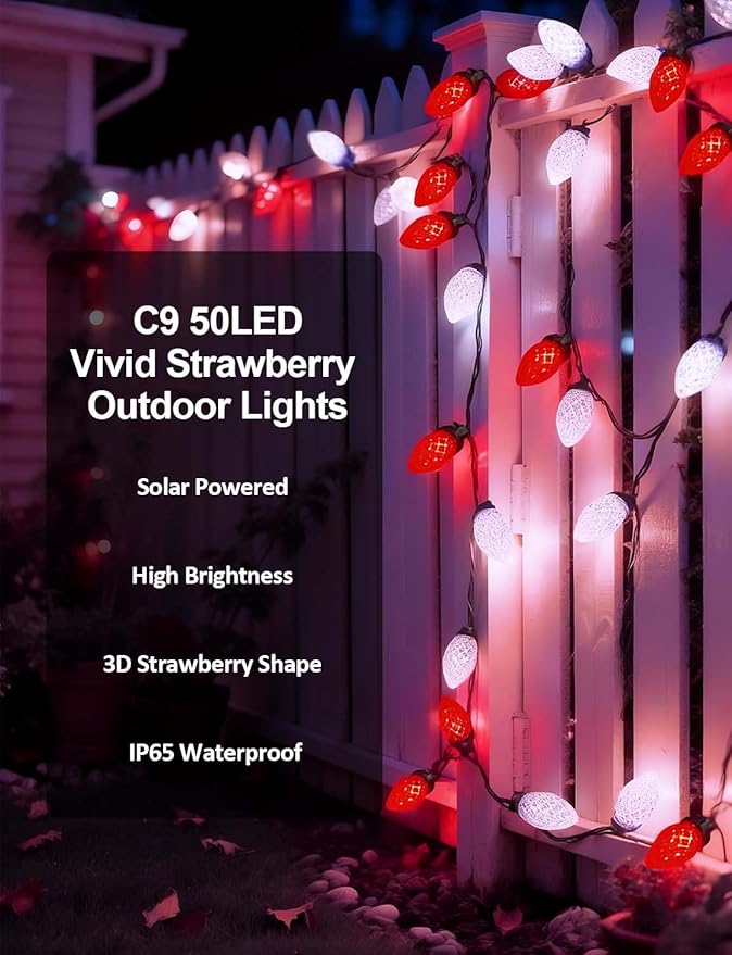 C9 Ultra Bright Solar Christmas Lights 50 LED Red White String Lights Strawberry Flower Design Outdoor Waterproof with 8 Modes for Valentine's Day Wedding Centerpiece Decoration