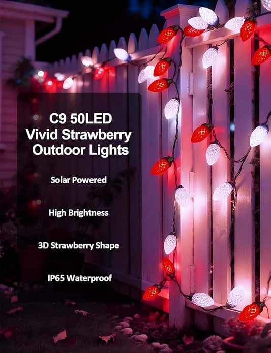 C9 Ultra Bright Solar Christmas Lights 50 LED Red White String Lights Strawberry Flower Design Outdoor Waterproof with 8 Modes for Valentine's Day Wedding Centerpiece Decoration