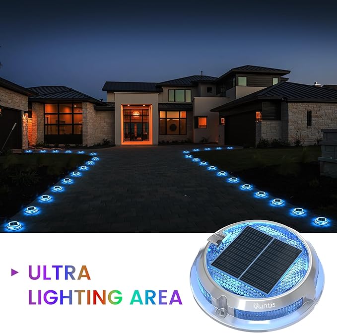 Quntis 12 Pack Outdoor Solar Deck Lights Multicolored - 11 Lighting Modes Aluminum Alloy Solar Driveway Maker - IP68 Outdoor Waterproof Dock Marine Lights for Warning Step Sidewalk Pathway Garden
