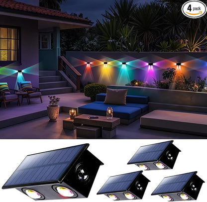 Color Changing Solar Fence Lights Outdoor Decorative LED Waterproof for Wall, Deck, Patio, Rail, Stair, Yard, Pool with 8 Colorful Modes and Easy 1-Minute Installation 4 Pack