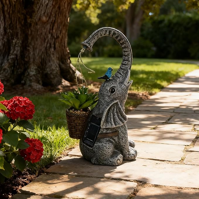 Solar Powered Garden Statue with LED Lights, Grey Stone Resin Elephant Planter, Decorative Outdoor Sculpture with Birds and Succulents,for Balcony, Garden, Patio, Yard, Lawn(Gray)