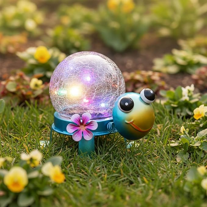 Solar Lights Outdoor Turtle Garden Decor with Crackle Glass Globe Lights - Cute Metal Turtle Statue for Yard Lawn | Lumora