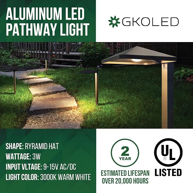 GKOLED 6 Pack UL Listed Low Voltage Pathway Lights, 12V 3W 140LM 3000K Waterproof LED Landscape Lighting, for Outdoor Walkway, Sidewalk, Driveway, with Large Stake, Die-cast Aluminum Housing, Black