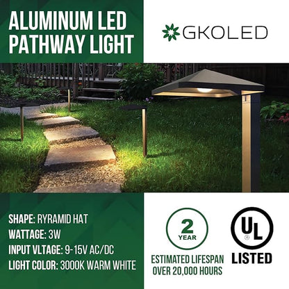 GKOLED 6 Pack UL Listed Low Voltage Pathway Lights, 12V 3W 140LM 3000K Waterproof LED Landscape Lighting, for Outdoor Walkway, Sidewalk, Driveway, with Large Stake, Die-cast Aluminum Housing, Black