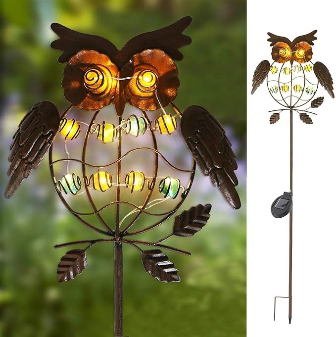 TAKE ME Owl Garden Solar Lights Outdoor, Solar Powered Stake Lights Chrismas Gifts Garden Gifts Mom Wife Grandma - Metal OWL LED Decorative for Walkway,Pathway,Yard,Lawn (Bronze)