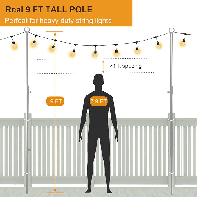 2 Pack 9 FT Heavy Duty String Light Poles,for Fence,Wood Deck Railing | Lumora