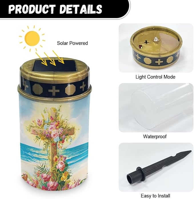 Cemetery Decorations for Grave Beach Solar Cross for Cemetery Grave Waterproof Dusk to Dawn Sensor Solar Grave Lamp for Cemetery