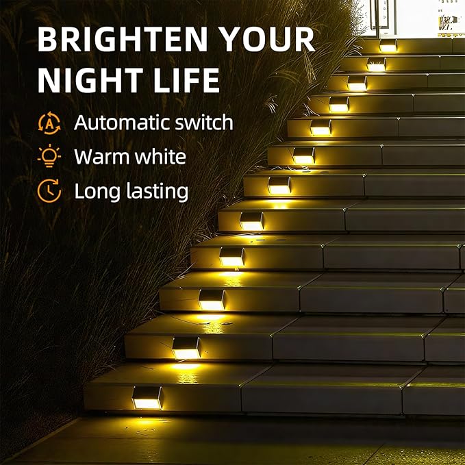 Luminara Solar Step Lights - Weatherproof Outdoor Stair Lighting, Solar-Powered Deck Lights for Patio, Garden, Pathway, Warm White Glow (12)