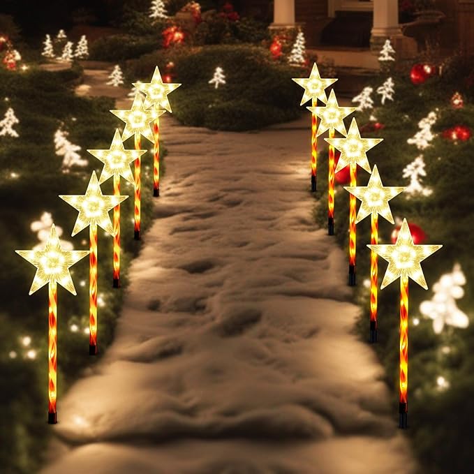 BRIGHTDECK Christmas Solar Pathway Lights Outdoor Decorations, Modes Star Candy Lights Waterproof Led Garden Stake Light for Walkway Yard Lawn Porch Holiday Decor 5-Pack (Red Tube Star, 5 Pack)