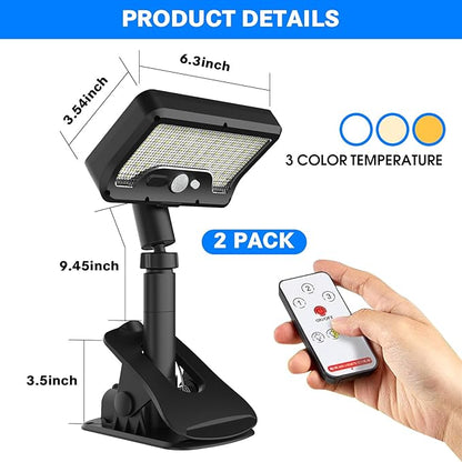 Pacify Clip On Solar Lights Outdoor with Motion Sensor, 92 LEDs 600LM Solar Fence Lights IP65 Waterproof, Adjustable Security Lights for Gutter Deck Yard (2 Pack with Remote Control Adjusts 3 Colors)