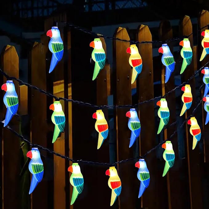 Outdoor Parrot String Lights, 8.5Ft Tropical Themed LED Patio String Lights with 10 Multicolor Birds Lights, Hanging Novelty Garden Lights for Outdoor Patio Deck Backyard Trees Stair Rails Decoration
