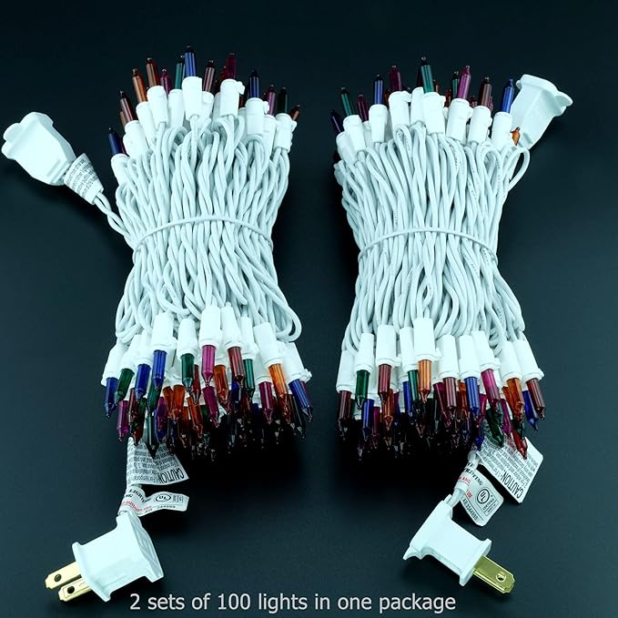 YULETIME 200 Multicolor Christmas Lights, Pack of 2 Sets 33 Feet 100 Count UL Certified Incandescent String Lights (Multicolor - White Wire)