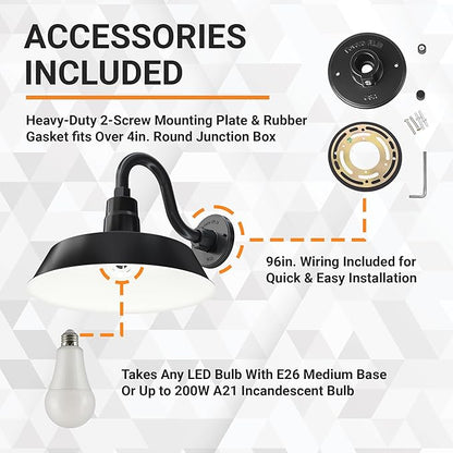 14in. Satin Black Outdoor Gooseneck Barn Light Fixture With 10in. Long Extension Arm - Wall Sconce Farmhouse, Antique Style - UL Listed - 9W 900lm A19 LED Bulb (5000K Cool White) - 2-Pack