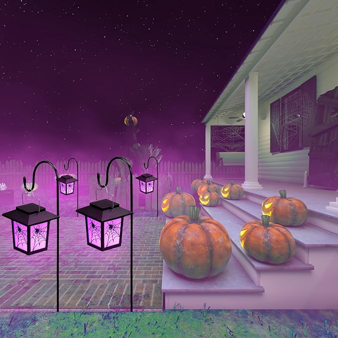 4 Pack Halloween Solar Lights 4.7 Inch Spider Purple Solar Pathway Lights Halloween Decorations with 24 Inch Shepherd Hooks Landscape Lighting Waterproof LED for Garden Yard Walkway Driveway Outdoor