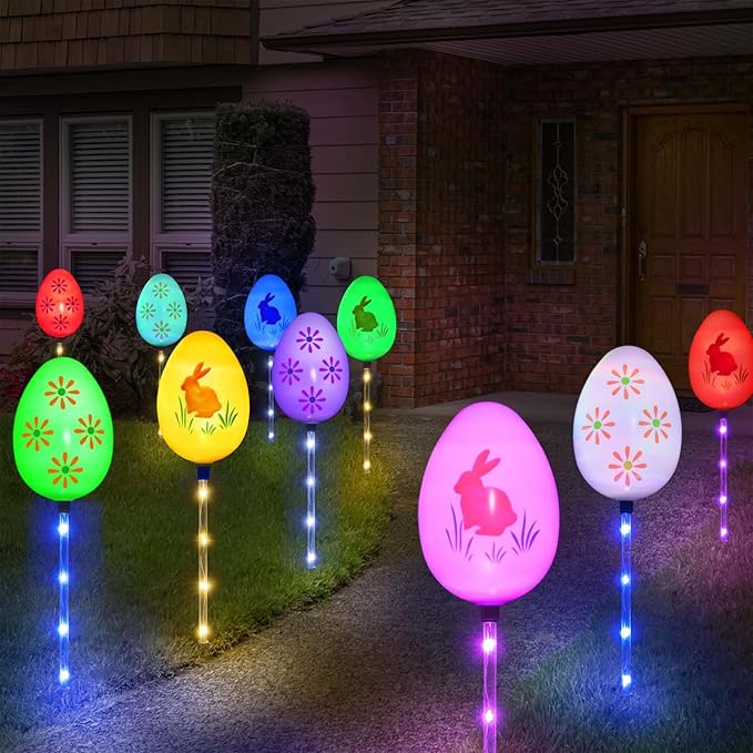 Upgraded 8-Pack Solar Easter Egg Stake Lights for Easter Decorations, Outdoor Waterproof Solar Easter Yard Stake Lighted Egg Lights for Garden Patio Yard Pathway Lawn Decor (Big Egg)