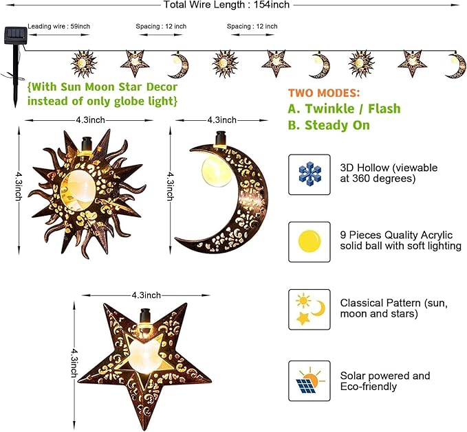 Beautyard Solar String Lights Outdoor Star Moon Sun 13Ft 153In Led Solar Powered Decorative Lights for Garden Patio | Lumora