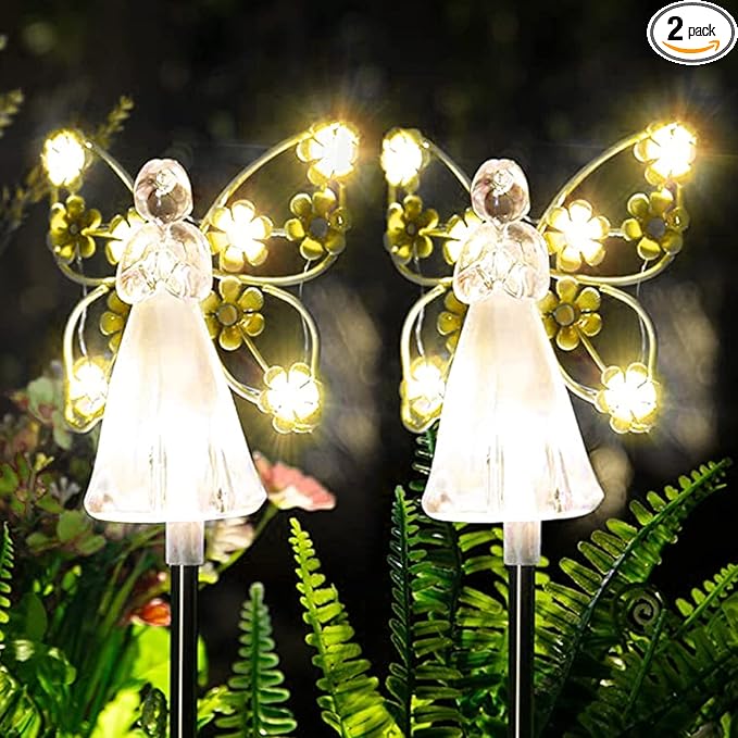 2pcs Fairy Garden Ornaments Outdoor Solar Pathway Lights, Flower Fairy Resin Figurine Lamp for Courtyard Lawn, Commemorate Gift (Yellow)