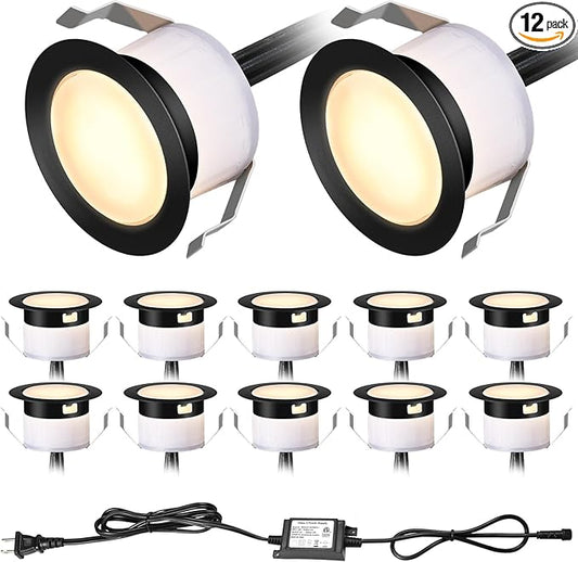 LED Deck Light Kits Warm White, Φ1.22 Recessed Step Light 12 Pack with Black Protective Shell, DC12V Low Voltage LED Deck Lighting, IP67 Waterproof Outdoor Stair Lights for Garden