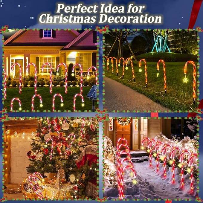 Candy Cane Lights Christmas Decorations, 12 Pack Solar Candy Cane Pathway Lights with 8 Modes and Timer, 72 LED | Lumora