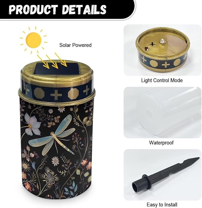 ZOUTAIRONG Solar Light for Cemetery Grave Solar Garden Lights Solar Powered Outdoor Lights Powered Solar Pathway Lights Outdoor Cemetery Solar Lights for Grave Solar Lights Dragonfly Print