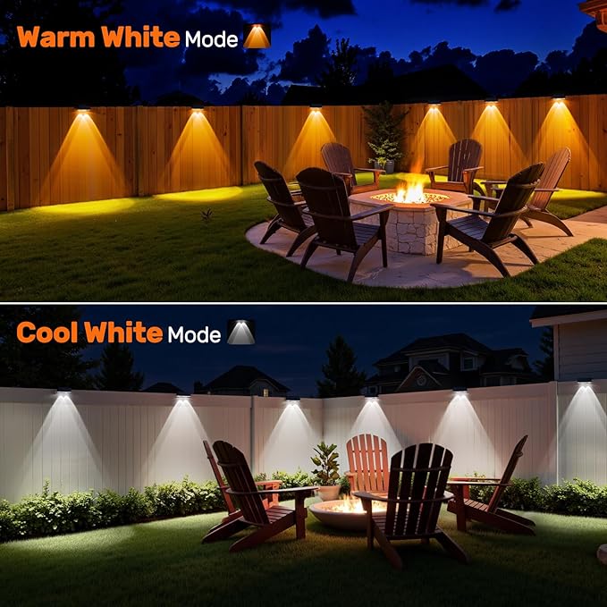 NIORSUN Solar Fence Lights,6 Pack Deck Light,Led Outdoor Lights Warm White + RGB Wall Lights,IP45 Solar Powered | Lumora