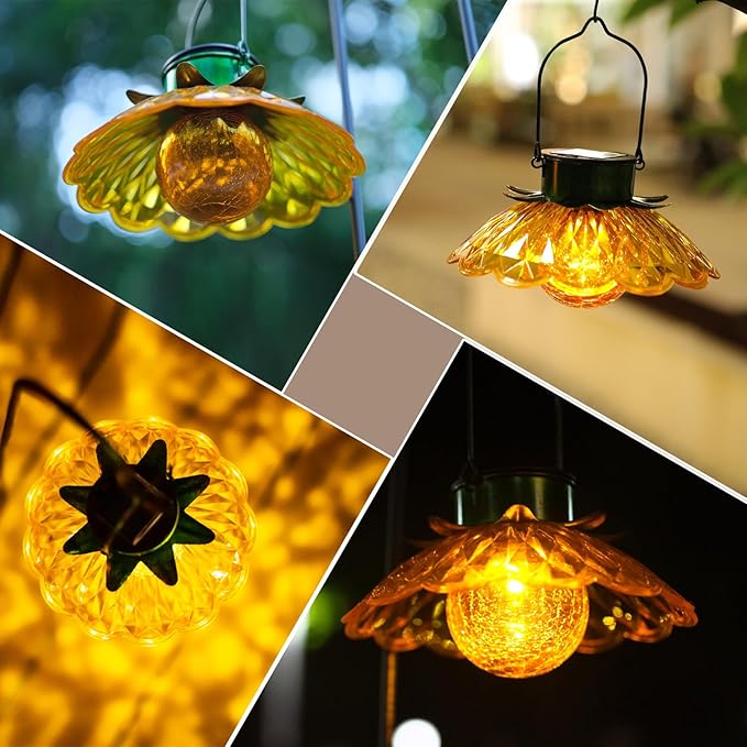 XUWEN Hanging Solar Lantern Outdoor - Yellow Solar Flower Lights with Crackle Globe Glass, Hanging Lanterns Decorative Outdoor for Walkway Pathway Patio Yard, Christmas Housewarming Gifts for Women.